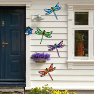 Colorful metal dragonfly wall decor set of 4, vibrant iron hanging art for garden patio.