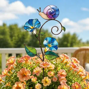Piquet de jardin en métal avec escargot coloré et fleurs de volubilis bleues pour plantes.