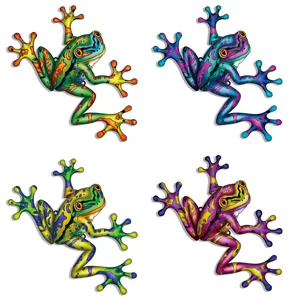 Colorful metal frog wall art hanging for indoor outdoor garden and home decor details.