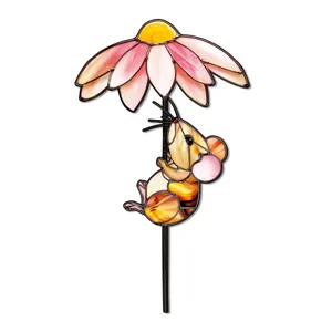 Piquet de jardin en métal avec adorable souris et fleur rose pour plantes en pot
