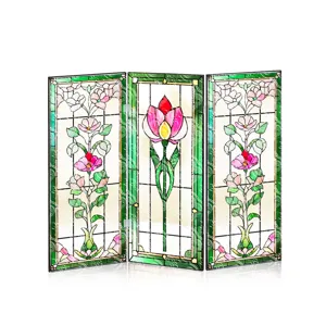 Mini paravent pliage en acrylique avec design floral vitrail tulipe pour deco de bureau.