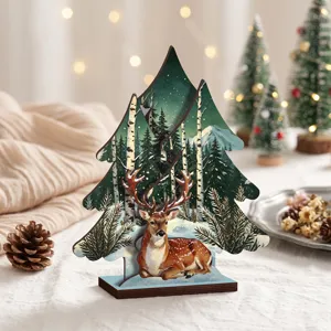 Decoración de mesa de madera árbol de navidad y ciervo, adorno festivo para fiesta.