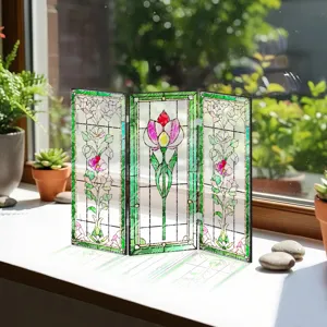 Mini paravent pliant en acrylique style vitrail avec design floral translucide de bureau