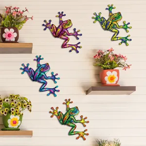 Colorful metal frog wall art decor, cute iron animal sculpture for garden, yard, and home wall hanging.