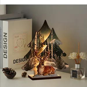 Arbol de Navidad de madera 3D luminoso ciervo decoracion de mesa festiva iluminada