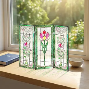 Mini paravent pliant en acrylique vitrail, ornement de bureau floral, détail de déco.