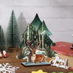 Adorno de mesa de árbol de navidad de madera con diseño de ciervo para decoración.