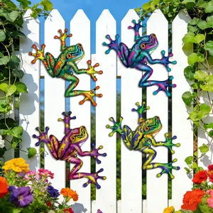 Colorful metal frog wall art, perfect garden decor hanging for outdoor yard fence decoration.