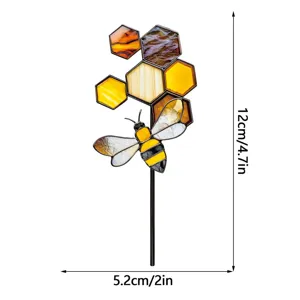Piquet de plante abeille en verre teinté, décor de jardin en métal, hauteur 12cm.