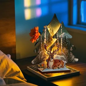 Decoración de escritorio luminosa de madera navideña, diseño multicapa de ciervo y abeto.