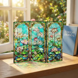 Mini paravent pliant en acrylique avec motif lotus, ideal pour la decoration de bureau chic.