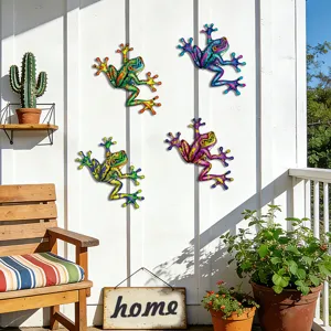 Colorful metal frog wall art decor, cute outdoor hanging garden ornaments for home patio fence.