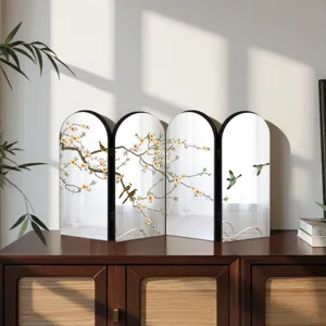 Chinese style 4-panel miniature folding screen mirror desktop ornament for home decor