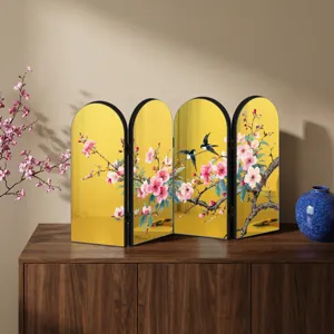 Close-up detail view of Chinese traditional style floral bird mirror folding screen decor.