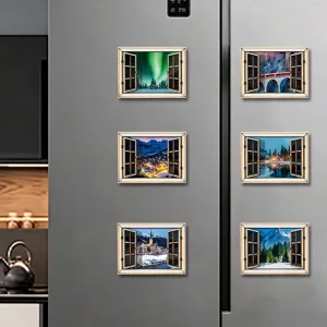 3D houten magnetische koelkaststicker nep venster winterlandschap keuken decor
