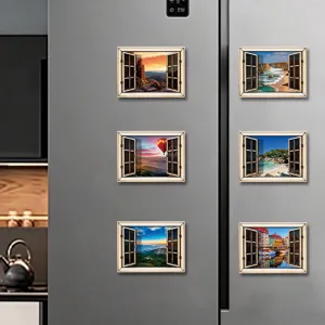 3D houten raam koelkastmagneten decoratieve landschap magnetische stickers voor keuken