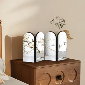 Chinese style 4-panel arched mirror folding screen desktop decorative ornament for home decor
