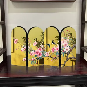 Chinese style mini folding screen desktop ornament with floral bird art decor 4 panels
