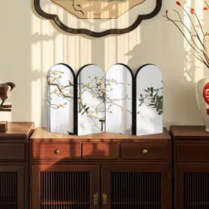 Four-panel arched folding screen desktop ornament with traditional Chinese floral bird mirror details.