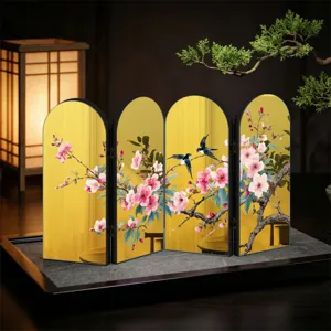Chinese style mini folding screen desktop ornament with gold mirror and floral bird design.