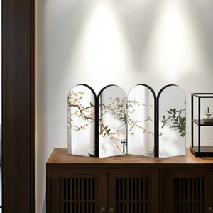 Exquisite chinoiserie folding screen desktop decor detail showing elegant plum blossom bird art.