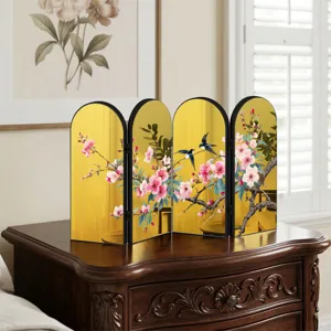 Chinese style gold mirror mini folding screen tabletop ornament with flower bird art decor