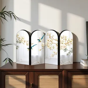 Mini arched desktop folding screen with traditional Chinese floral and bird painting decor.
