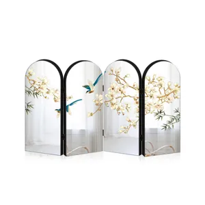 Chinese style desktop folding screen miniature ornament with elegant flower and bird art design.