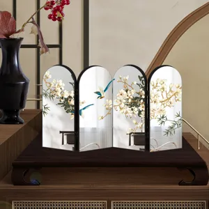 Chinese style tabletop folding mirror home decor with floral bird art design