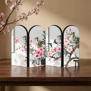 Detailed close-up view of the Chinese style 4-panel folding mirror screen featuring plum blossom art.