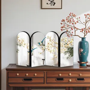 Chinese style four-panel folding mirror screen desktop ornament with floral bird art.