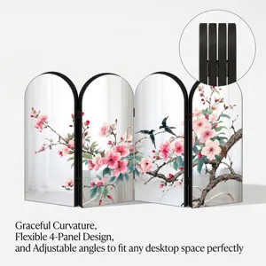 Desktop 4-Panel Folding Screen Miniature Chinese Style Cherry Blossom Decor Accent