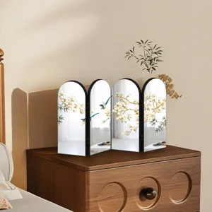 Chinese style desktop folding mirror screen ornament, elegant floral and bird decor.
