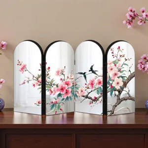 Chinese style four-panel folding screen desktop ornament with pink plum blossom and bird art design.