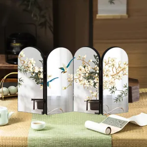 Chinese style mini desktop screen four-panel mirror ornament with elegant floral and bird pattern.