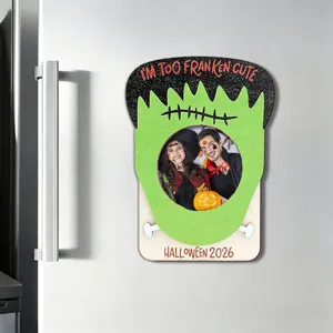 Halloween wooden magnetic photo frame Frankenstein design refrigerator magnet holiday home decor.