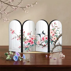Detailed view of the Chinese style 4-panel mirror folding screen desk ornament with floral art.