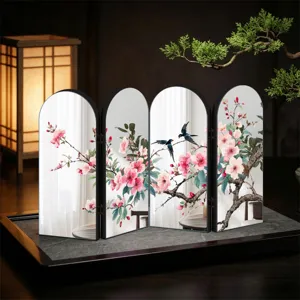 Detail view of Chinese style mirror folding screen ornament with elegant cherry blossom art.