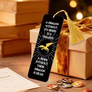 Acrylic bookmark with gold tassel, featuring dragon quote design for readers and book lovers.