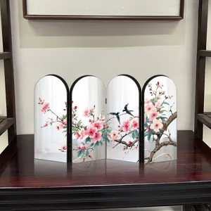 Chinese style 4-panel arched folding screen decor, floral and bird mirror tabletop display detail.