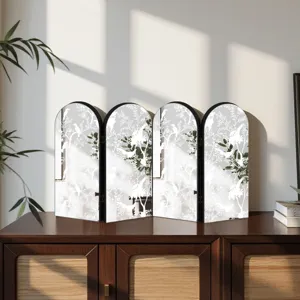 Four-panel arched decorative mirror screen tabletop ornament with botanical bird pattern