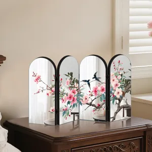 Decorative desktop folding mirror with Chinese style floral and bird print for home decor.