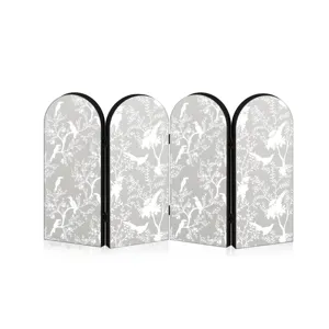 Mini 4-panel folding screen tabletop decor with arched top botanical bird pattern grey finish.