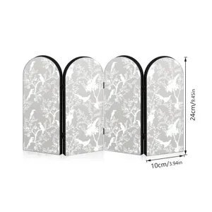 Mini 4-panel arch folding screen desktop ornament with elegant white bird and floral pattern.