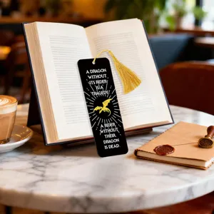 Elegant metal acrylic bookmark with golden tassel and inspiring dragon quote for book lovers