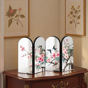 Detail view of a creative Chinese style 4-panel folding screen mirror ornament with floral art.