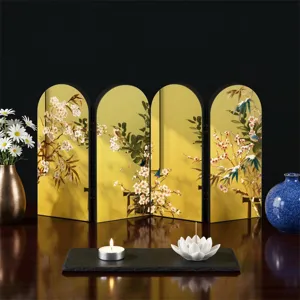 Miniature Chinese style folding screen ornament, detailed close-up showing golden floral art.