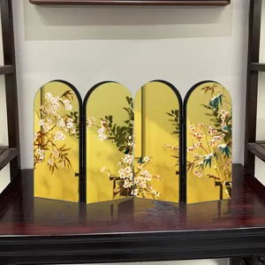 Miniature 4-panel folding screen desktop ornament with gold mirror finish and floral bird design.