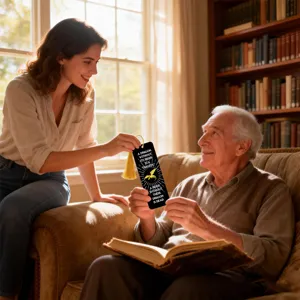 Detailed scene showing a decorative black bookmark with dragon quote and yellow tassel in use.
