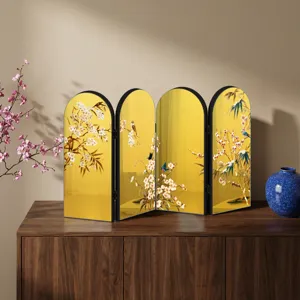 Chinese style miniature folding screen tabletop ornament with golden mirror finish and floral bird motif.